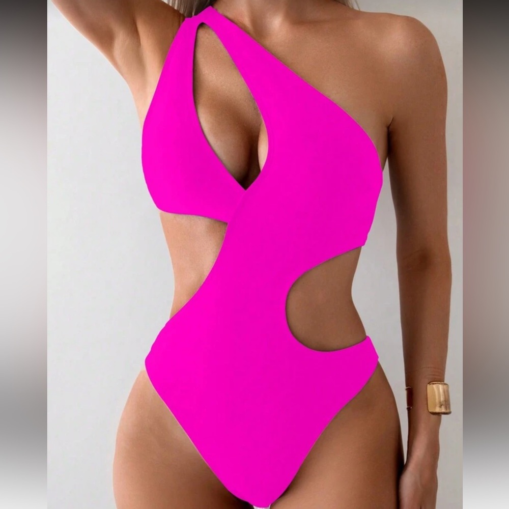 SHEIN Hot Pink Asymmetrical Cutout One-Piece Swimsuit